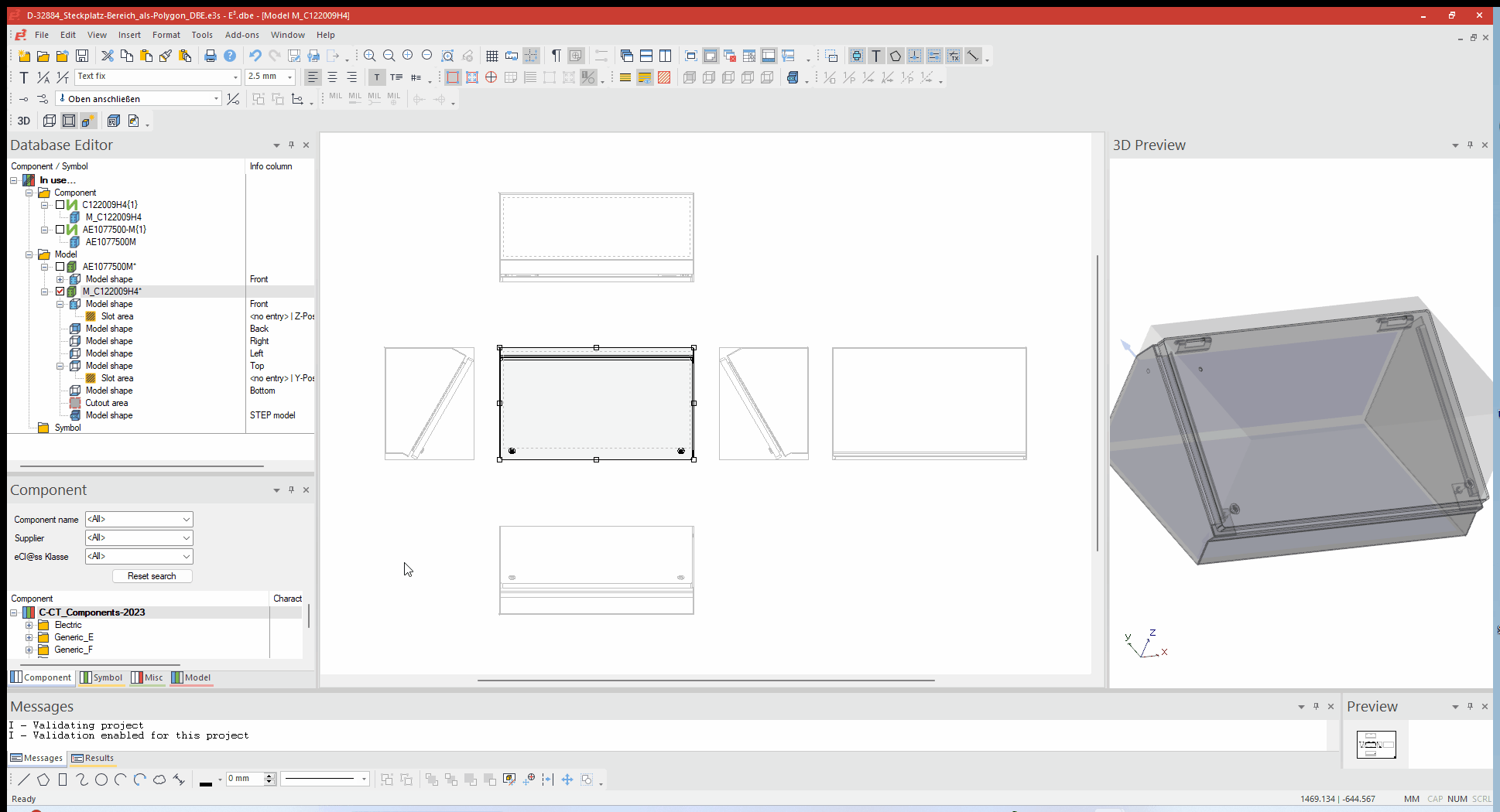 E3.panel interface in Zuken E3.series displaying the enhanced slot definition feature for complex geometries. Users can now create custom polygonal slot shapes, starting with a basic rectangle and editing points to match specific design requirements.