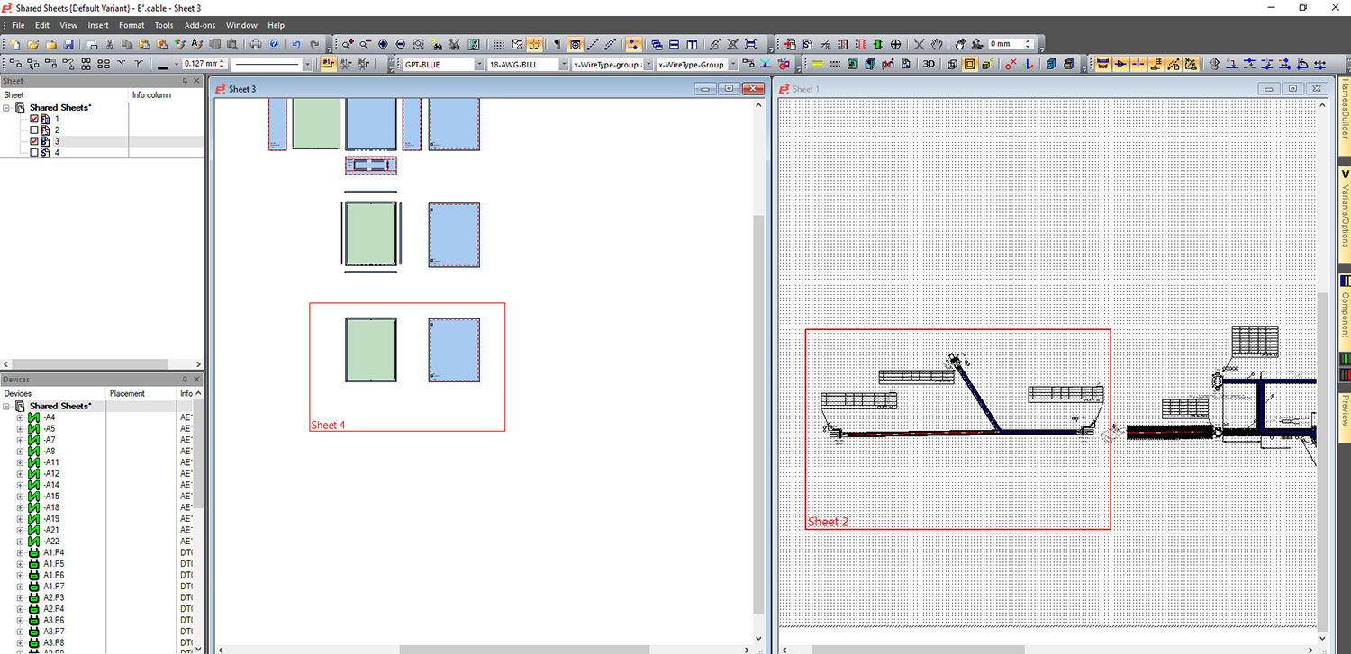 E3.series software interface showcasing the Shared Sheets feature with highlighted areas indicating multi-sheet viewing and editing capabilities for efficient project management