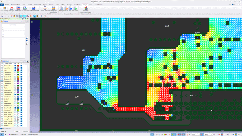 Power Integrity (PI) analysis using Zuken&rsquo;s CR-8000 Design Force PI/EMI Advance, visualizing current flow and voltage drop across a PCB to identify areas of power instability and potential EMI issues in high-speed designs.