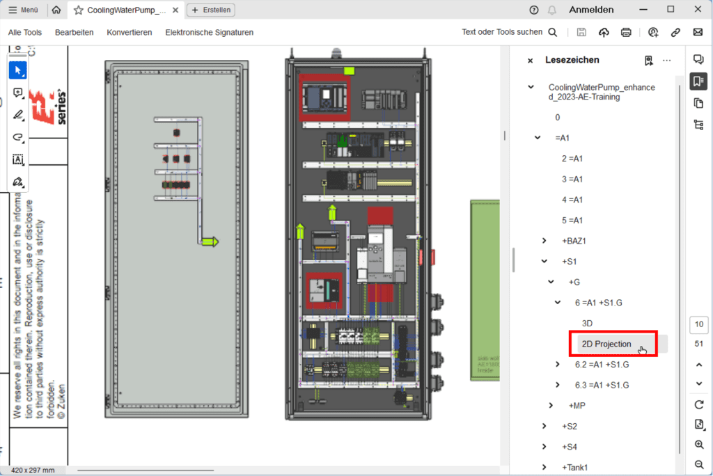 Enhanced PDF export interface in Zuken E3.series showing the ability to include both 2D projections and 3D views in the same PDF document.