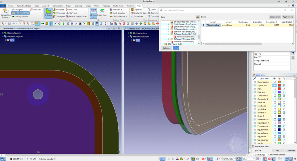 CR-8000 software screenshot showing a metal stiffener space violation and flex PCB design