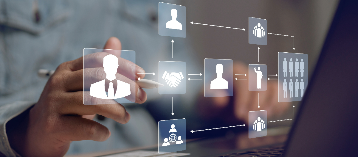 A person interacting with icons linked in a network, symbolizing advanced digital connectivity in lead-to-order process optimisation