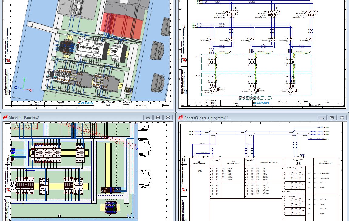 different views of electrical schematic diagrams and panel layouts in a CAD program, illustrating the process of understanding and creating detailed wiring diagrams
