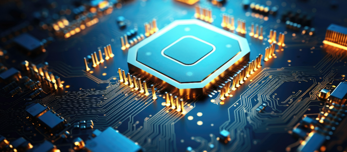 A glowing blue microchip with a hexagonal core on a detailed PCB, illustrating the intricate and advanced technology involved in modern PCB design, mastering PCB design challenges.