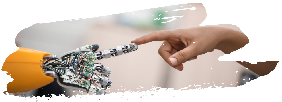 image of a robot or AI system interacting with a human being similar to the Michelangelo painting